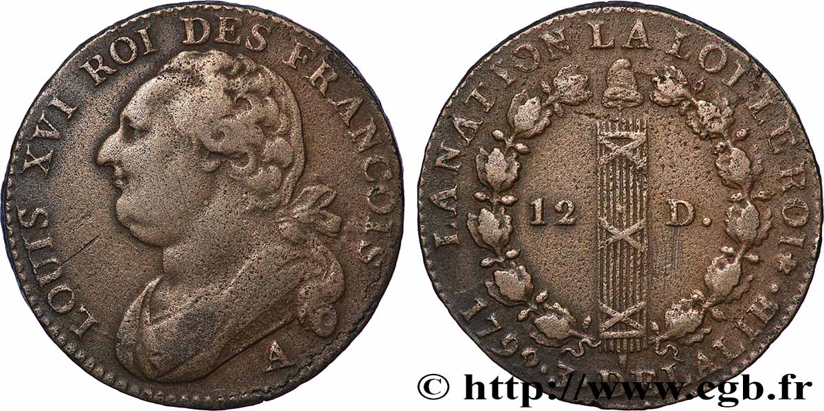 LOUIS XVI (MONARQUE CONSTITUTIONNEL)  12 deniers dit &nbsp;au faisceau&nbsp;, type FRANÇOIS 1792 Paris TTB