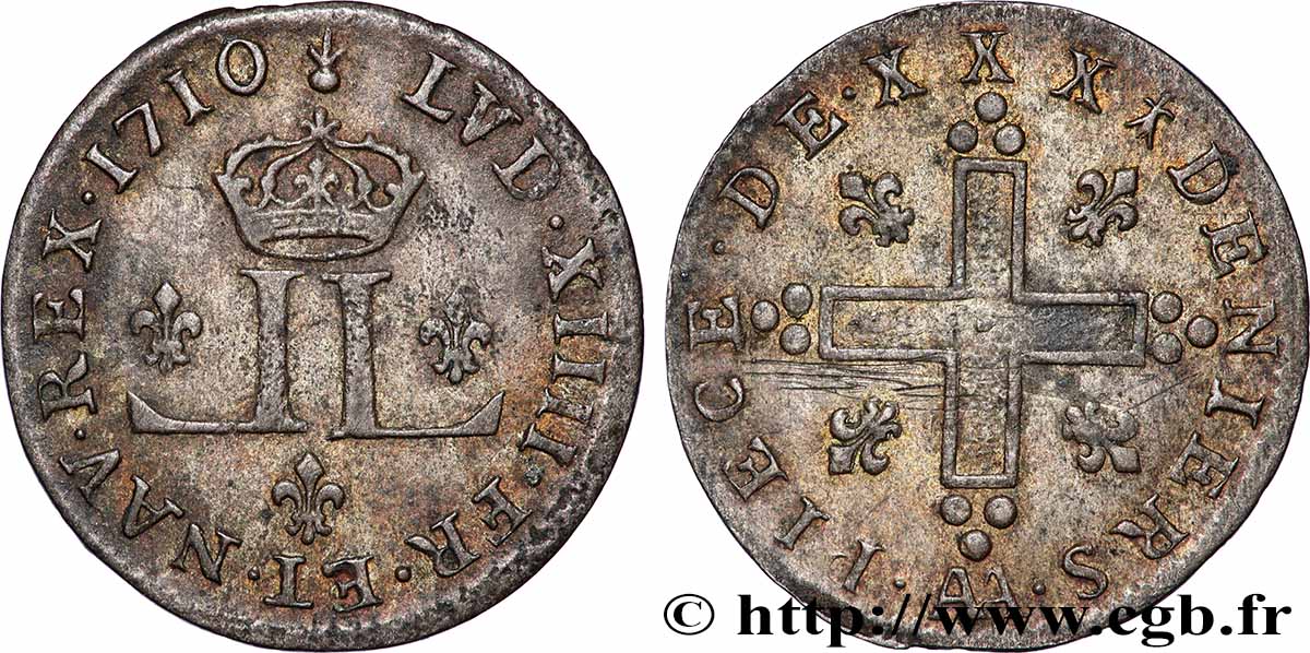 LOUIS XIV LE GRAND OU LE ROI SOLEIL XXX deniers aux 2 L couronnées 1710 Metz TTB+