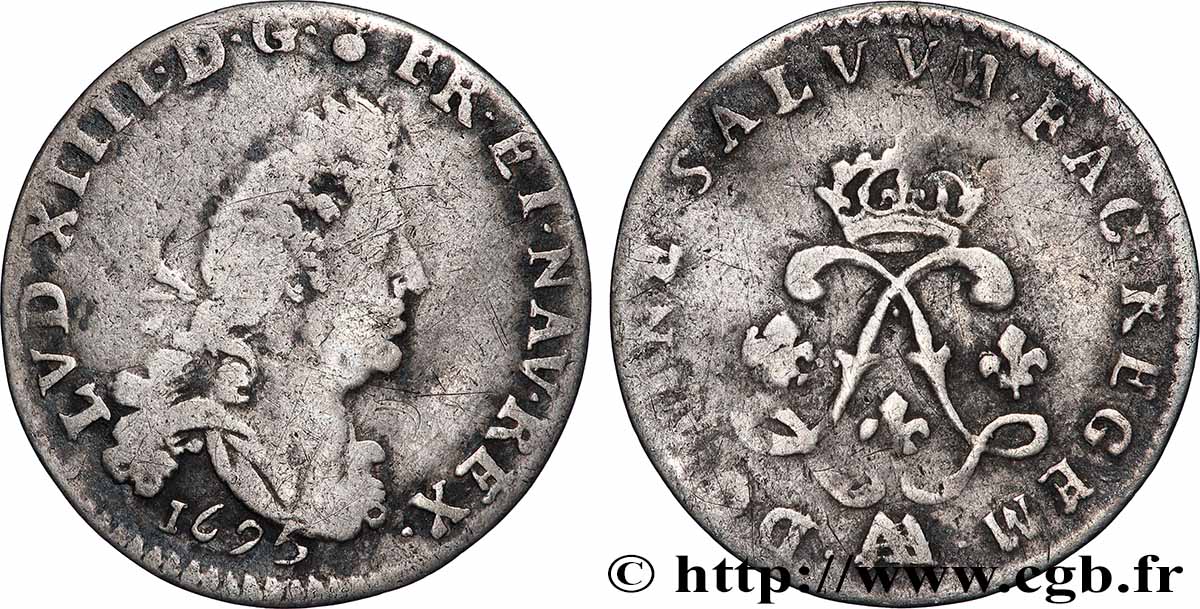 LOUIS XIV LE GRAND OU LE ROI SOLEIL Quatre sols aux deux L 1695 Metz TB+