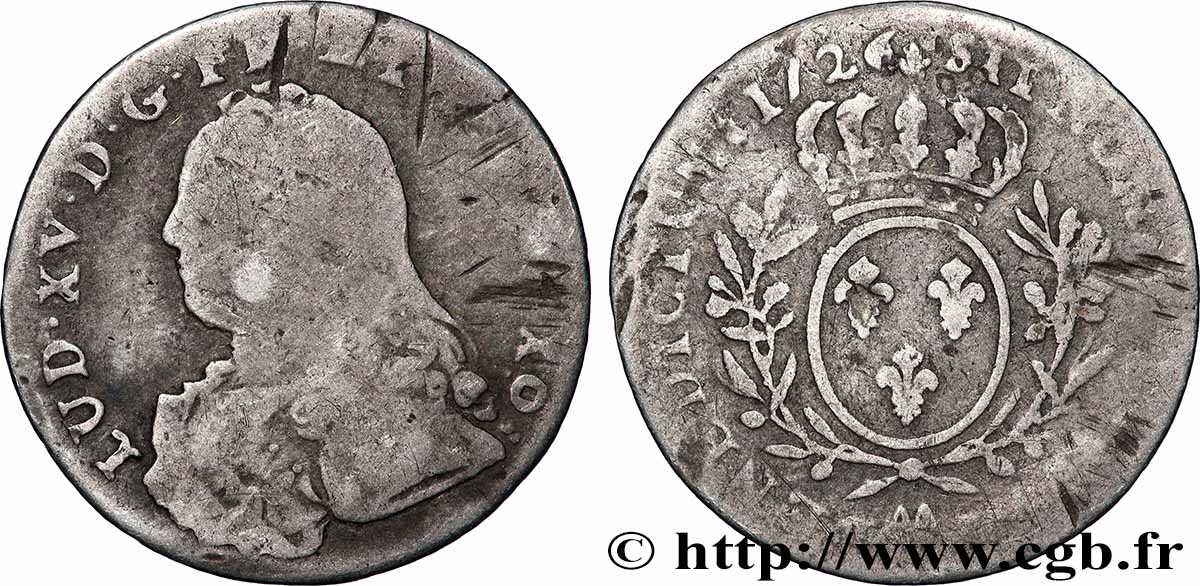 LOUIS XV DIT LE BIEN AIMÉ Dixième d’écu aux branches d’olivier, buste habillé 1726 Metz TB