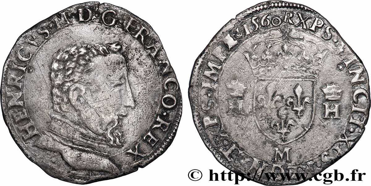 FRANCIS II. COINAGE IN THE NAME OF HENRY II Teston à la tête nue, 5e type 1560 Toulouse XF/VF