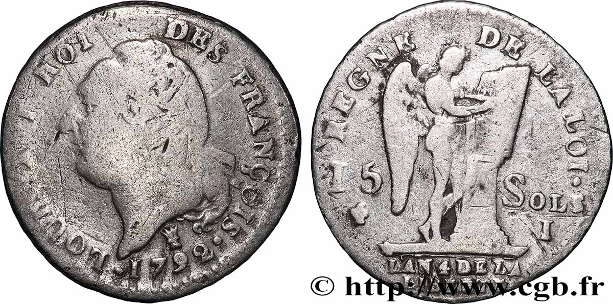 LOUIS XVI (MONARQUE CONSTITUTIONNEL)  15 sols dit &nbsp;au génie&nbsp;, type FRANCOIS 1792 Limoges B+/TB