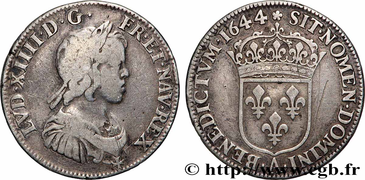 LOUIS XIV &nbsp;THE SUN KING&nbsp; Quart d&nbsp;écu, portrait à la mèche courte 1644 Paris, Monnaie de Matignon BC/MBC