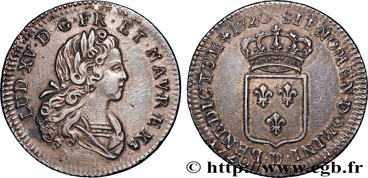 LOUIS XV DIT LE BIEN AIMÉ Tiers d&nbsp;écu de France au portrait du petit Louis 1720 Lyon TTB+