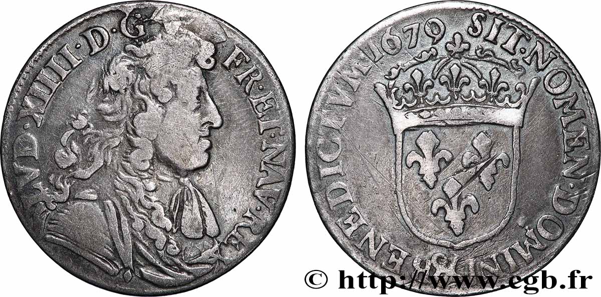 LOUIS XIV &nbsp;THE SUN KING&nbsp; Quart d’écu, portait à la cravate courte 1679 Aix-en-Provence VF