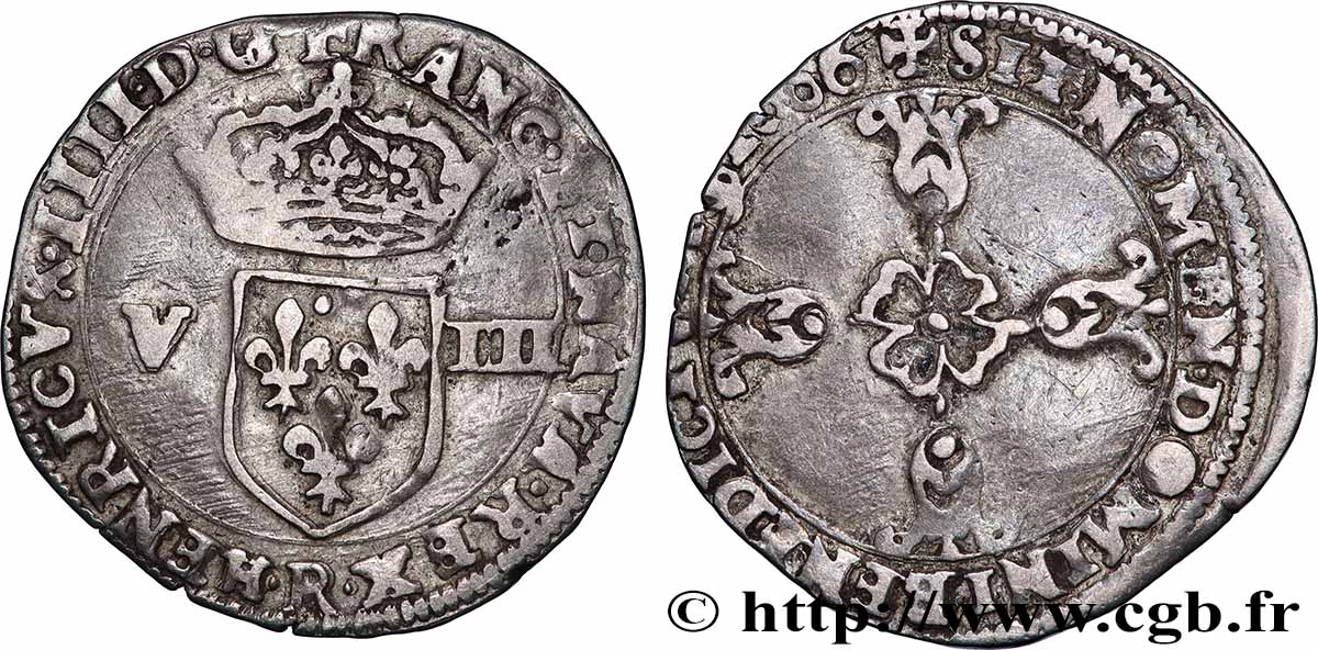 HENRI IV LE GRAND Huitième d&nbsp;écu, écu de face, 2e type 1606 Saint-André de Villeneuve-lès-Avignon TTB