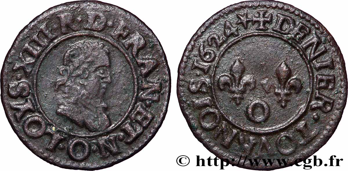 LOUIS XIII LE JUSTE Denier tournois, type 1 de Riom (col plat) 1624 Riom TTB/TTB+