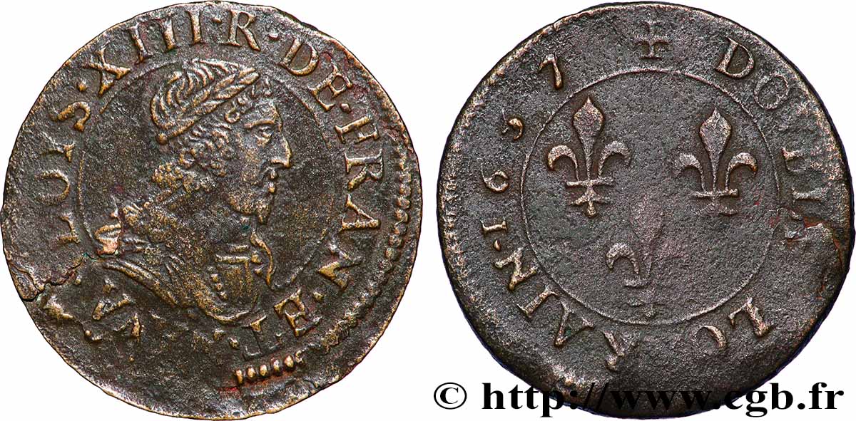 LOUIS XIII LE JUSTE Double lorrain au buste juvénile à languettes 1637 Stenay TTB/TB+