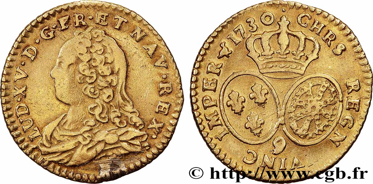 LOUIS XV DIT LE BIEN AIMÉ Demi-louis d&nbsp;or aux écus ovales, buste habillé 1730 Rennes TTB