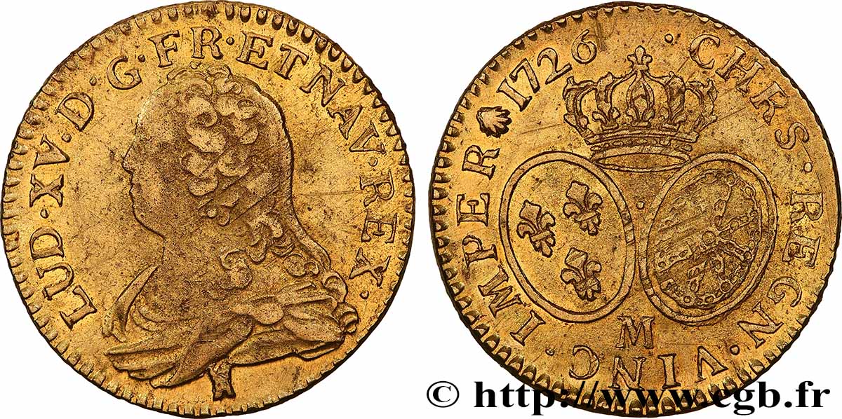 LOUIS XV &nbsp;THE WELL-BELOVED&nbsp; Louis d&nbsp;or aux écus ovales, buste habillé 1726 Toulouse XF/AU