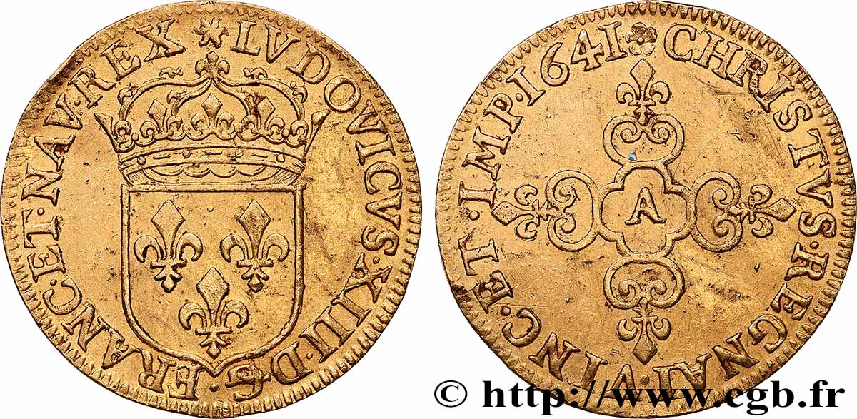 LOUIS XIII  Écu d&nbsp;or au soleil, à la croix anillée fleurdelisée 1641 Paris, Monnaie du Louvre AU