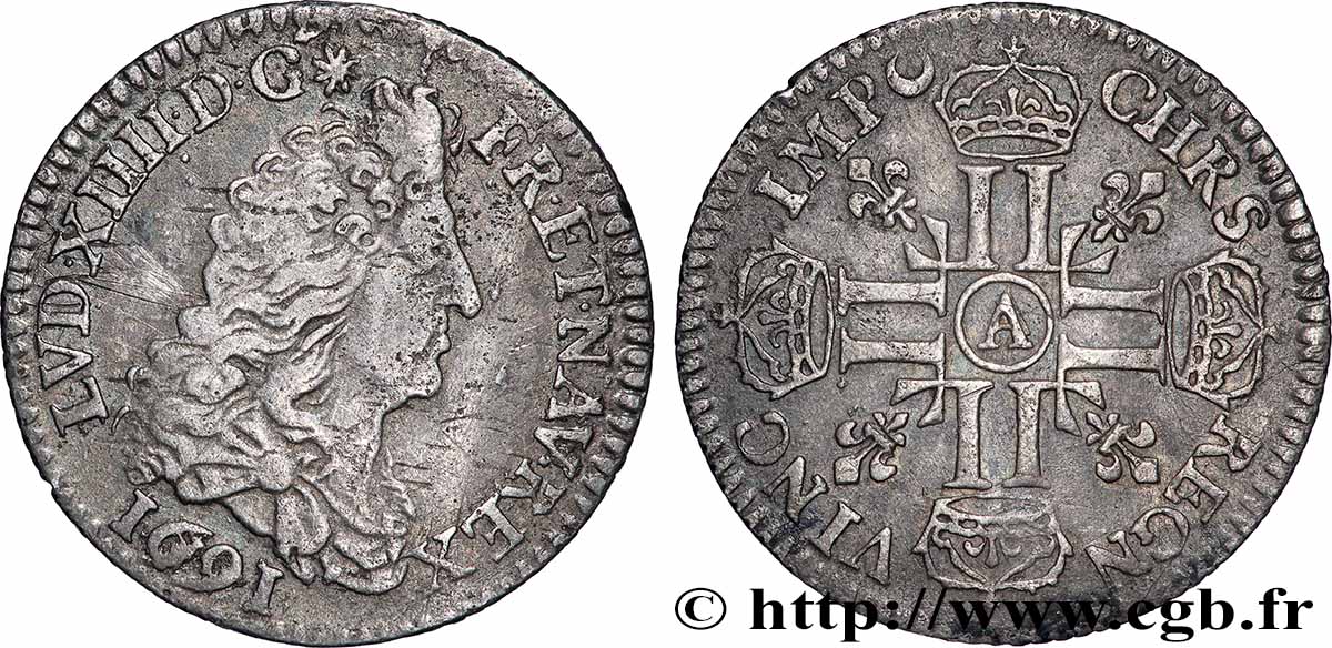 LOUIS XIV LE GRAND OU LE ROI SOLEIL Douzième d&nbsp;écu aux huit L, 1er type 1691 Paris TB+/TTB