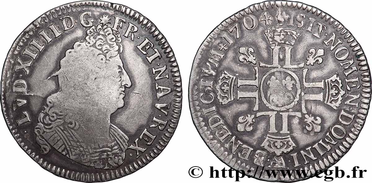 LOUIS XIV LE GRAND OU LE ROI SOLEIL Demi-écu aux huit L, 2e type 1704 Metz TB