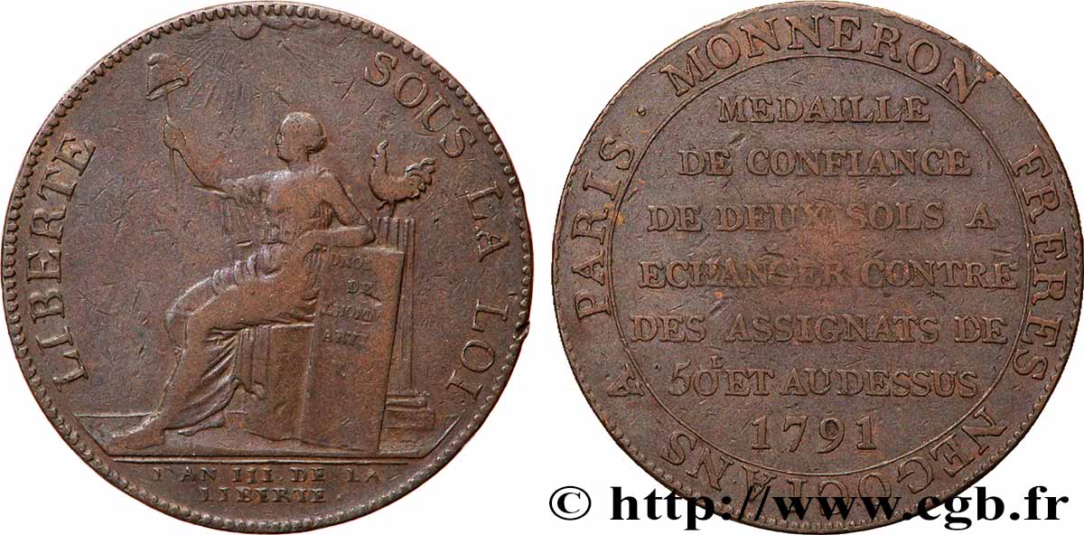 CONFIANCE (MONNAIES DE...) Monneron de 2 sols à la Liberté 1792 Birmingham, Soho TB/TB+