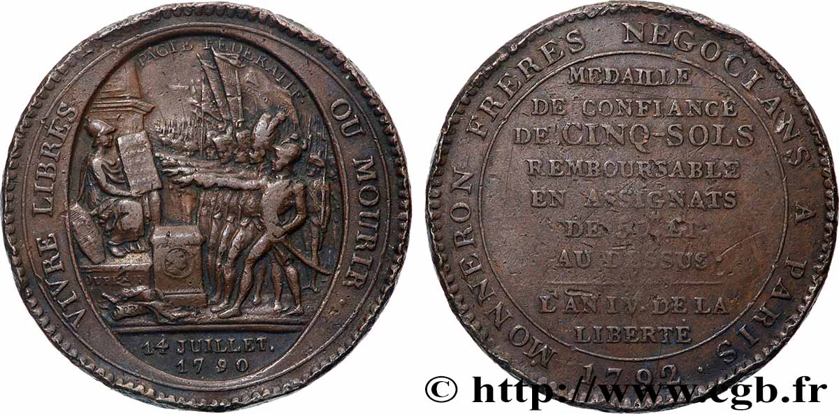 REVOLUTION COINAGE Monneron de 5 sols au serment (An IV), 3e type 1792 Birmingham, Soho BC