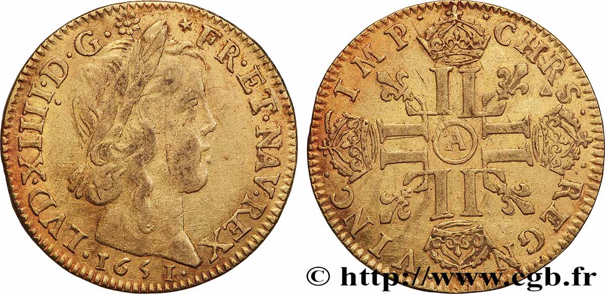 LOUIS XIV &nbsp;THE SUN KING&nbsp; Louis d’or aux huit L, portrait à la mèche longue 1651 Paris fSS/SS