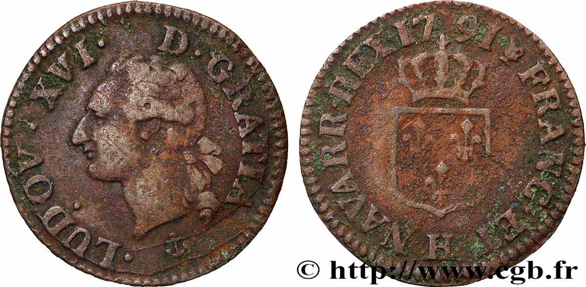 LOUIS XVI Liard dit “à l&nbsp;écu” 1791 La Rochelle TB+