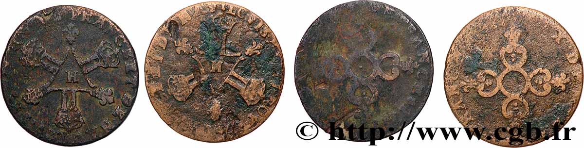 LOUIS XIV LE GRAND OU LE ROI SOLEIL Lot de deux pièces de six deniers n.d. La Rochelle LOT