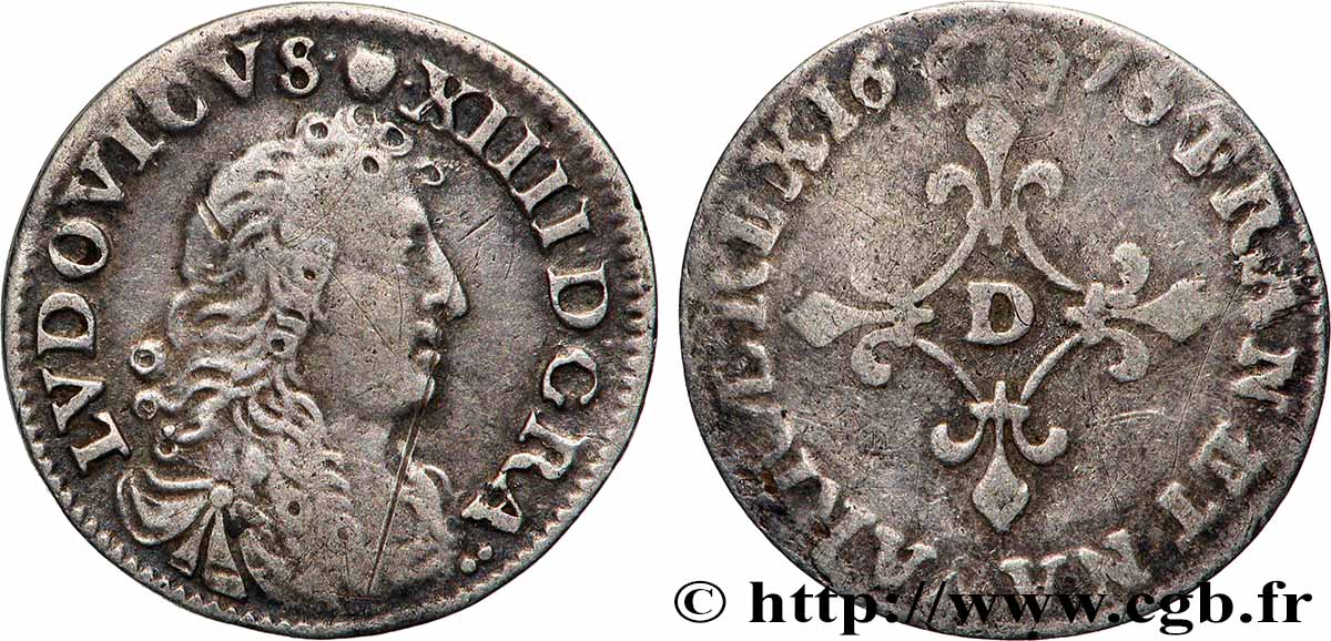 LOUIS XIV &nbsp;THE SUN KING&nbsp; Quatre sols à la croix formée de lis 1676 Vimy-en-Lyonnais (actuellement Neuville-sur-Saône) MBC