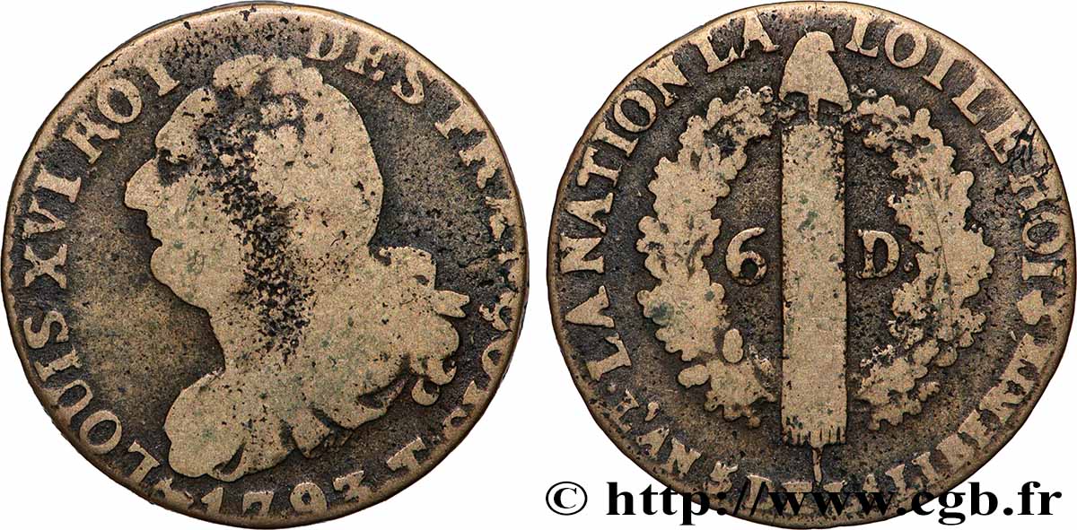 CONVENCION NACIONAL 6 deniers dit &nbsp;au faisceau&nbsp;, type FRANÇOIS 1793 Nantes BC