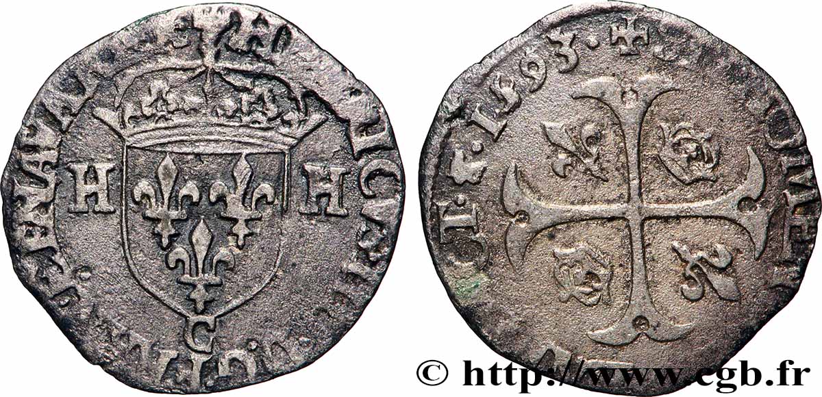 HENRY IV Douzain aux deux H, 2e type 1593 Saint-Lô MBC/BC+
