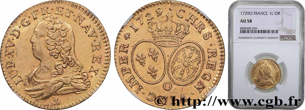 LOUIS XV &nbsp;THE WELL-BELOVED&nbsp; Louis d&nbsp;or aux écus ovales, buste habillé 1729 Riom VZ58