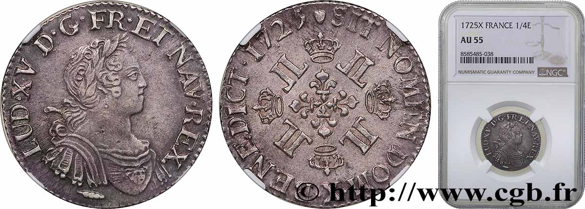 LOUIS XV THE BELOVED Quart d’écu à la croix fleurdelisée couronnée et aux huit L 1725 Amiens AU55