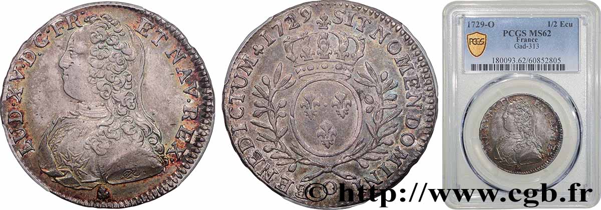 LOUIS XV DIT LE BIEN AIMÉ Demi-écu aux branches d&nbsp;olivier, buste habillé 1729 Riom SUP62