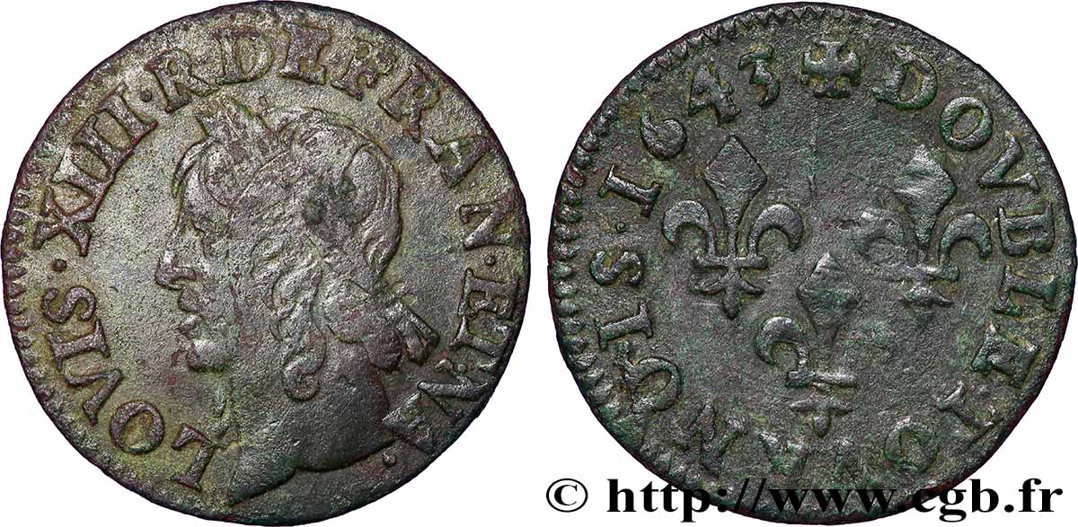 LOUIS XIII LE JUSTE Double tournois à la vieille tête, type de Warin 1643 Atelier indéterminé TTB