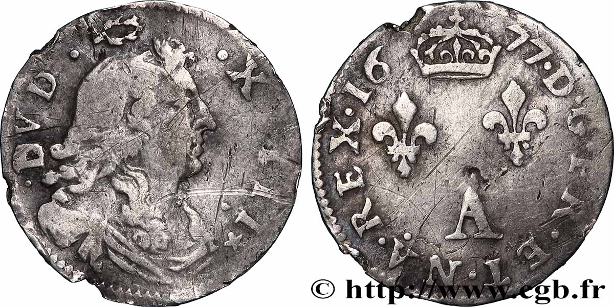 LOUIS XIV LE GRAND OU LE ROI SOLEIL Deux sols aux deux lis sous couronne 1677 Paris TB+