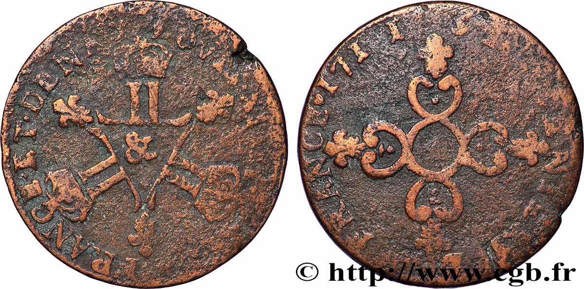 LOUIS XIV LE GRAND OU LE ROI SOLEIL Pièce de six deniers 1711 Aix-en-Provence B+