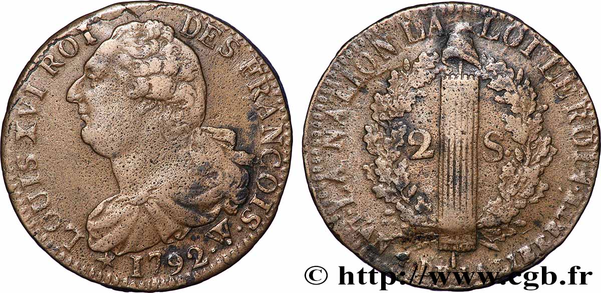LOUIS XVI (MONARQUE CONSTITUTIONNEL)  2 sols dit &nbsp;au faisceau&nbsp;, type FRANÇOIS 1792 Arras TTB