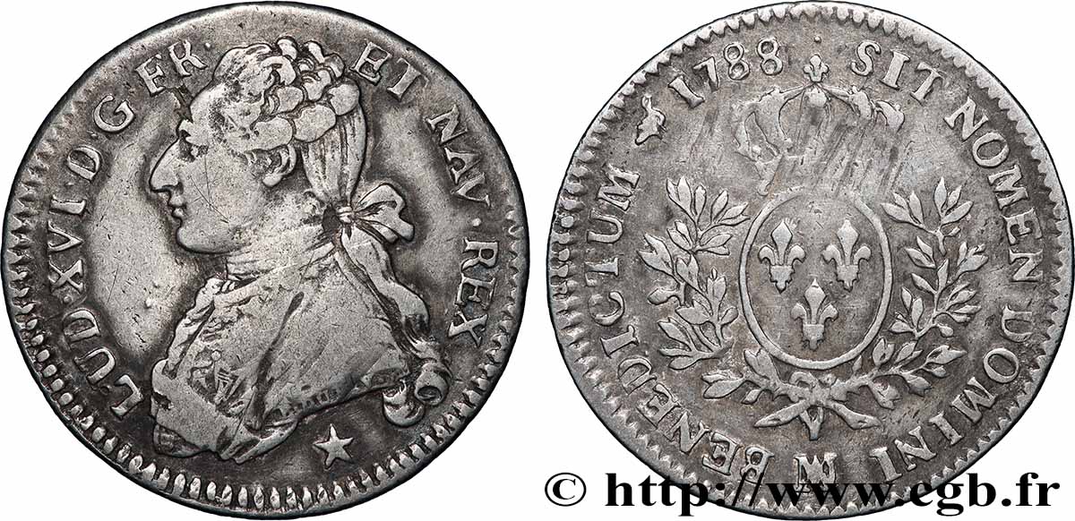 LOUIS XVI Cinquième d&nbsp;écu aux branches d&nbsp;olivier 1788 Marseille TB+
