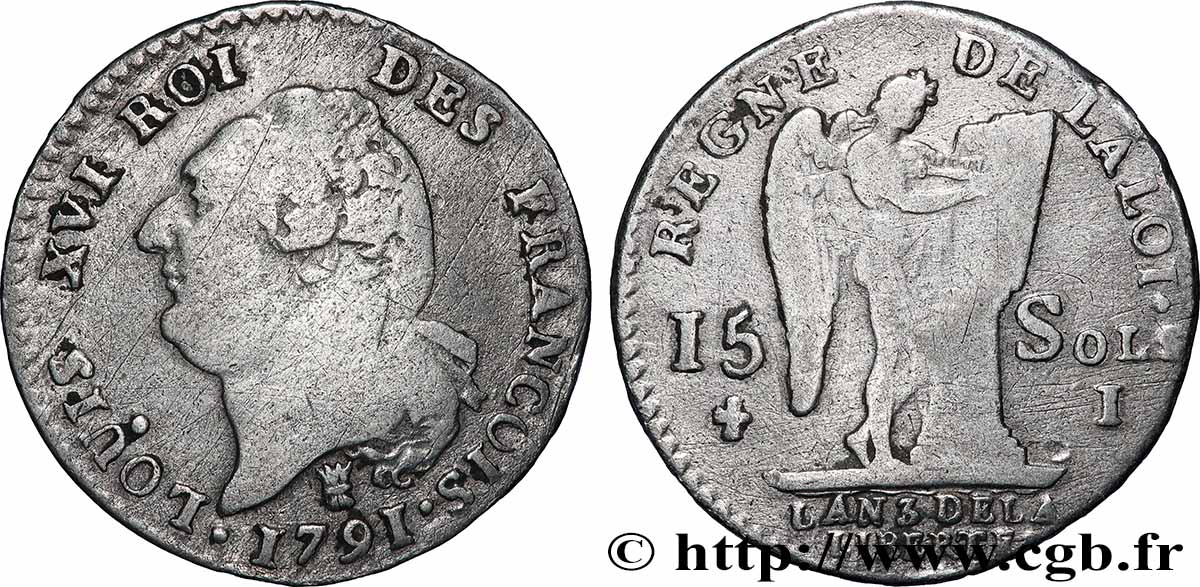 LOUIS XVI (MONARQUE CONSTITUTIONNEL)  15 sols dit &nbsp;au génie&nbsp;, type FRANCOIS 1791 Limoges TB