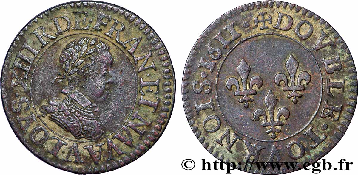 LOUIS XIII LE JUSTE Double tournois, type 1 1611 Paris, Moulin du Louvre TTB