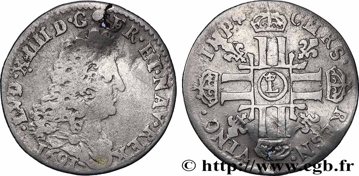 LOUIS XIV LE GRAND OU LE ROI SOLEIL Douzième d&nbsp;écu aux huit L, 1er type 1691 Lille B+/TB
