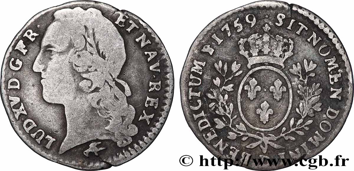LOUIS XV DIT LE BIEN AIMÉ Dixième d&nbsp;écu aux branches d’olivier, tête ceinte d’un bandeau 1759 Lyon TB