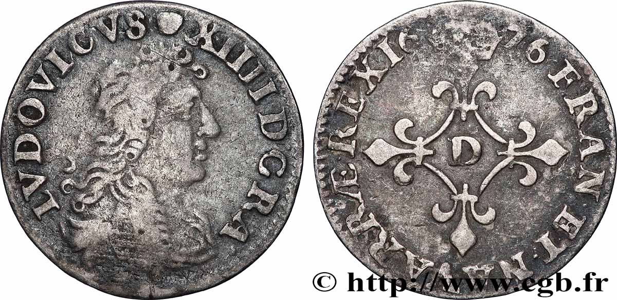LOUIS XIV LE GRAND OU LE ROI SOLEIL Quatre sols à la croix formée de lis 1676 Vimy-en-Lyonnais (actuellement Neuville-sur-Saône) TB+