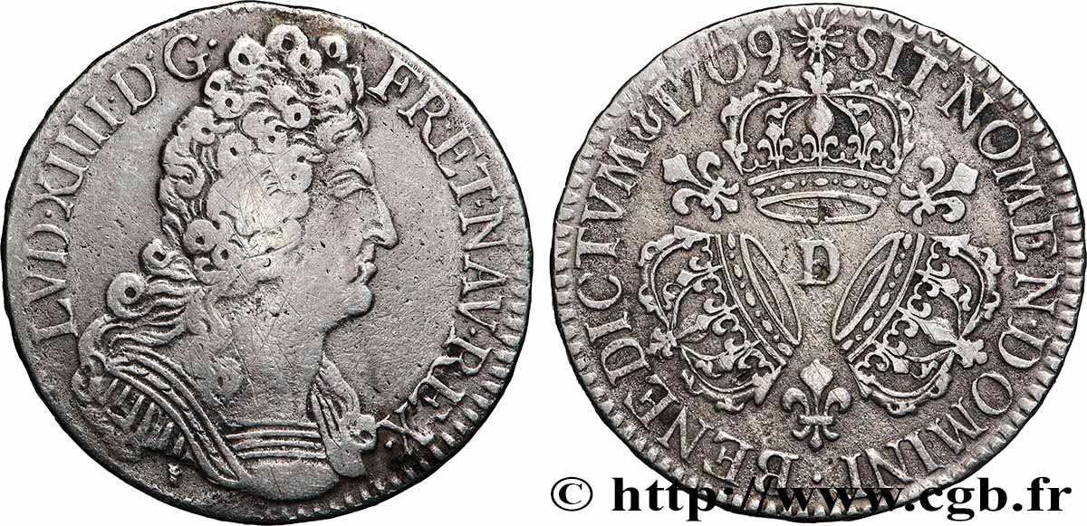 LOUIS XIV &nbsp;THE SUN KING&nbsp; Demi-écu aux trois couronnes 1709 Lyon fSS/SS