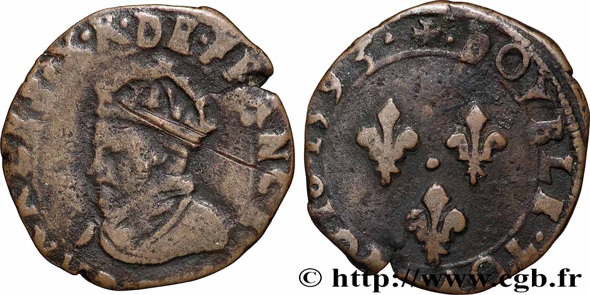 CHARLES X, CARDINAL DE BOURBON Double tournois 1593 Dijon TB/TB+