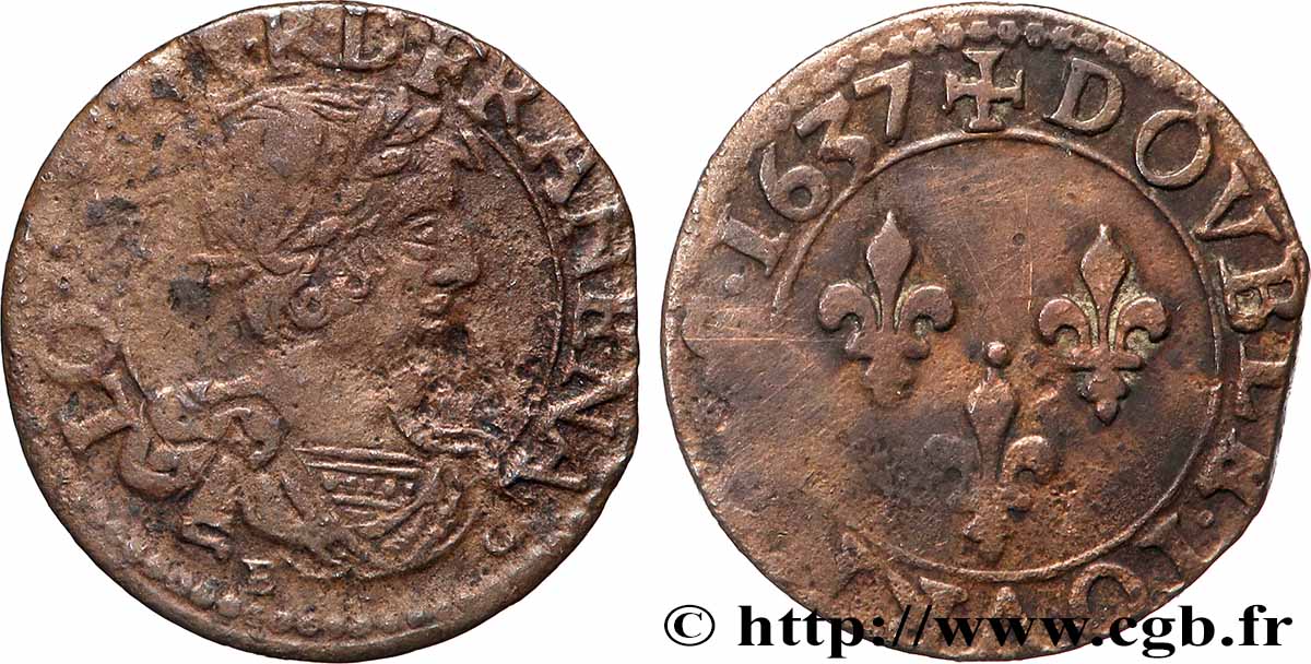 LOUIS XIII Double tournois, 7e type de Tours 1637 Tours VF