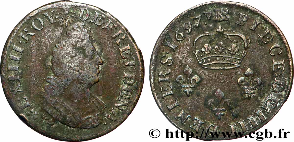 LOUIS XIV LE GRAND OU LE ROI SOLEIL IIII deniers 1697 Strasbourg TB