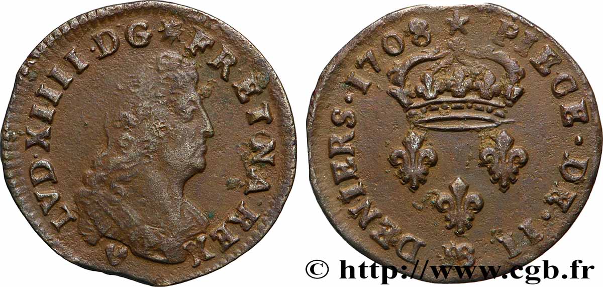 LOUIS XIV LE GRAND OU LE ROI SOLEIL II deniers, légende latine 1708 Strasbourg TB+/TTB