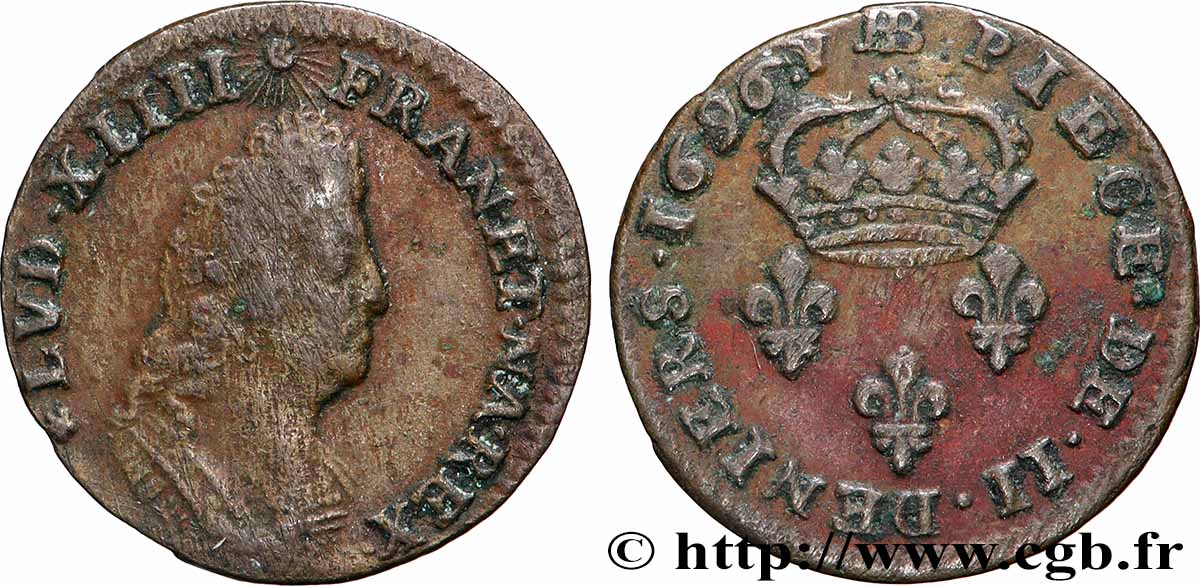LOUIS XIV LE GRAND OU LE ROI SOLEIL II deniers, légende latine 1697 Strasbourg TB+
