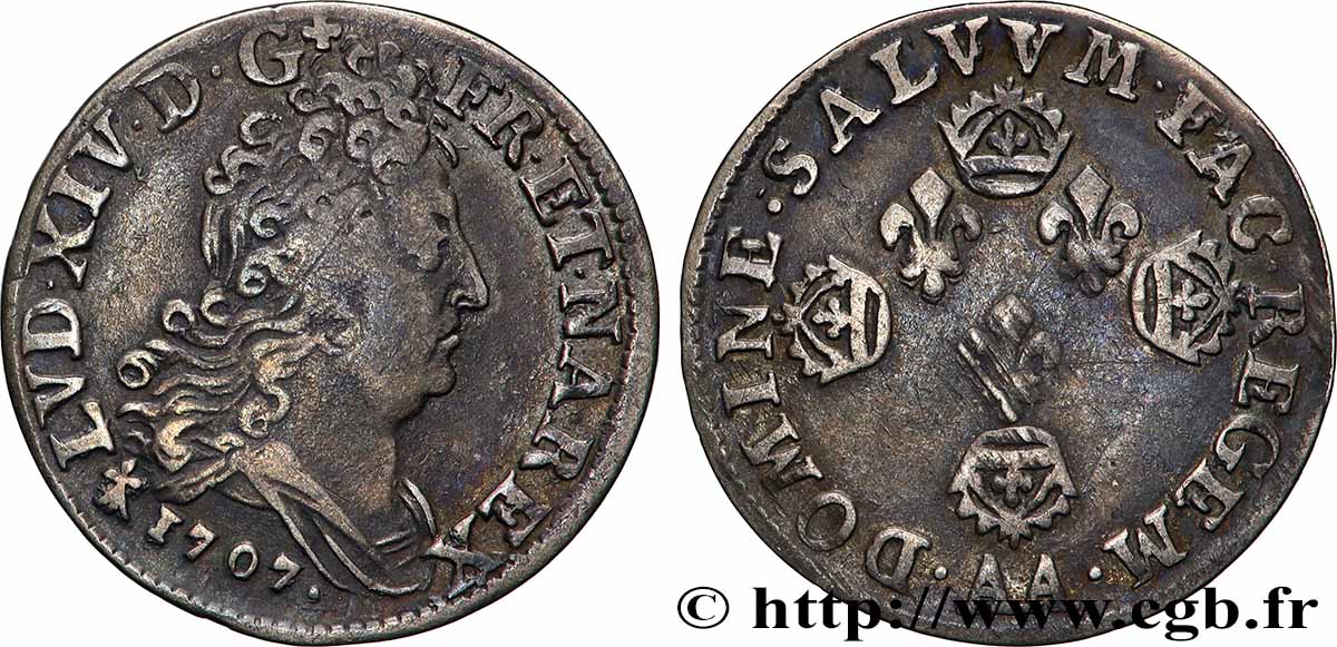 LOUIS XIV LE GRAND OU LE ROI SOLEIL Dix sols aux quatre couronnes 1707 Metz TB+