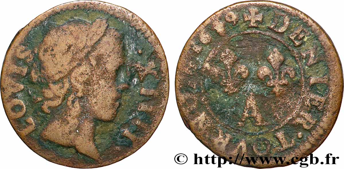 LOUIS XIV LE GRAND OU LE ROI SOLEIL Denier tournois 1649 Paris, Moulin du Louvre TB