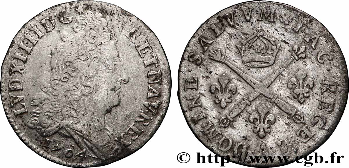 LOUIS XIV LE GRAND OU LE ROI SOLEIL 10 sols aux insignes 1704 Paris TB+