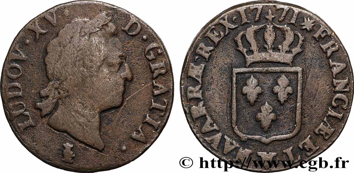 LOUIS XV DIT LE BIEN AIMÉ Sol dit &nbsp;à la vieille tête&nbsp; 1771 Troyes TB