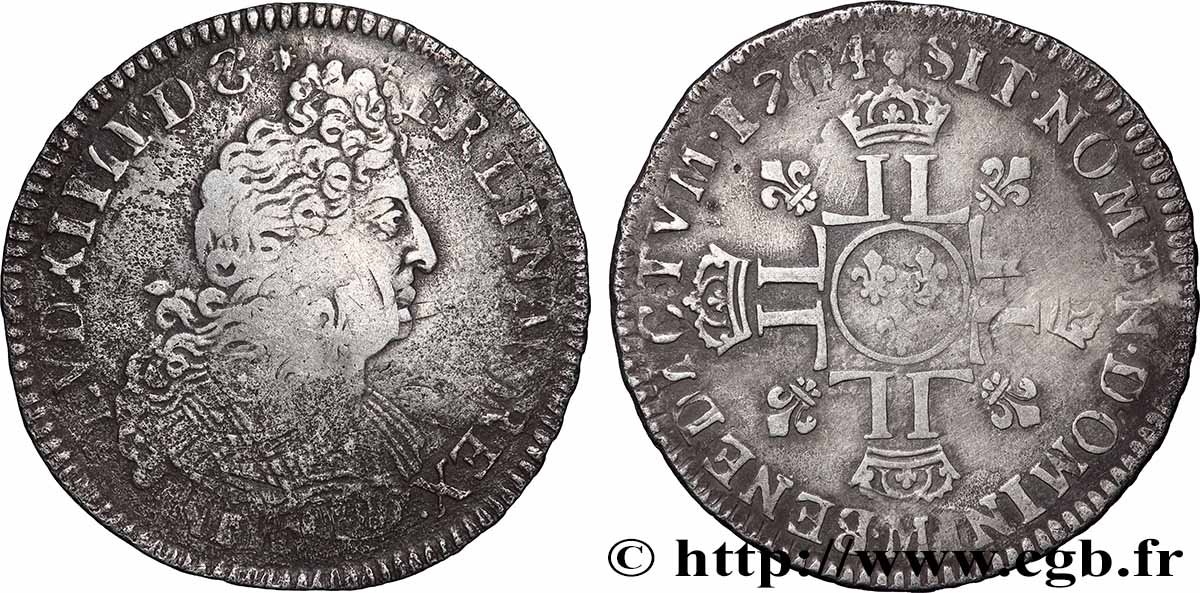 LOUIS XIV &nbsp;THE SUN KING&nbsp; Demi-écu aux huit L, 2e type 1704 Toulouse VF