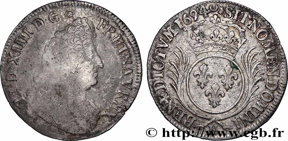 LOUIS XIV LE GRAND OU LE ROI SOLEIL Demi-écu aux palmes 1694 Bordeaux TB/TTB